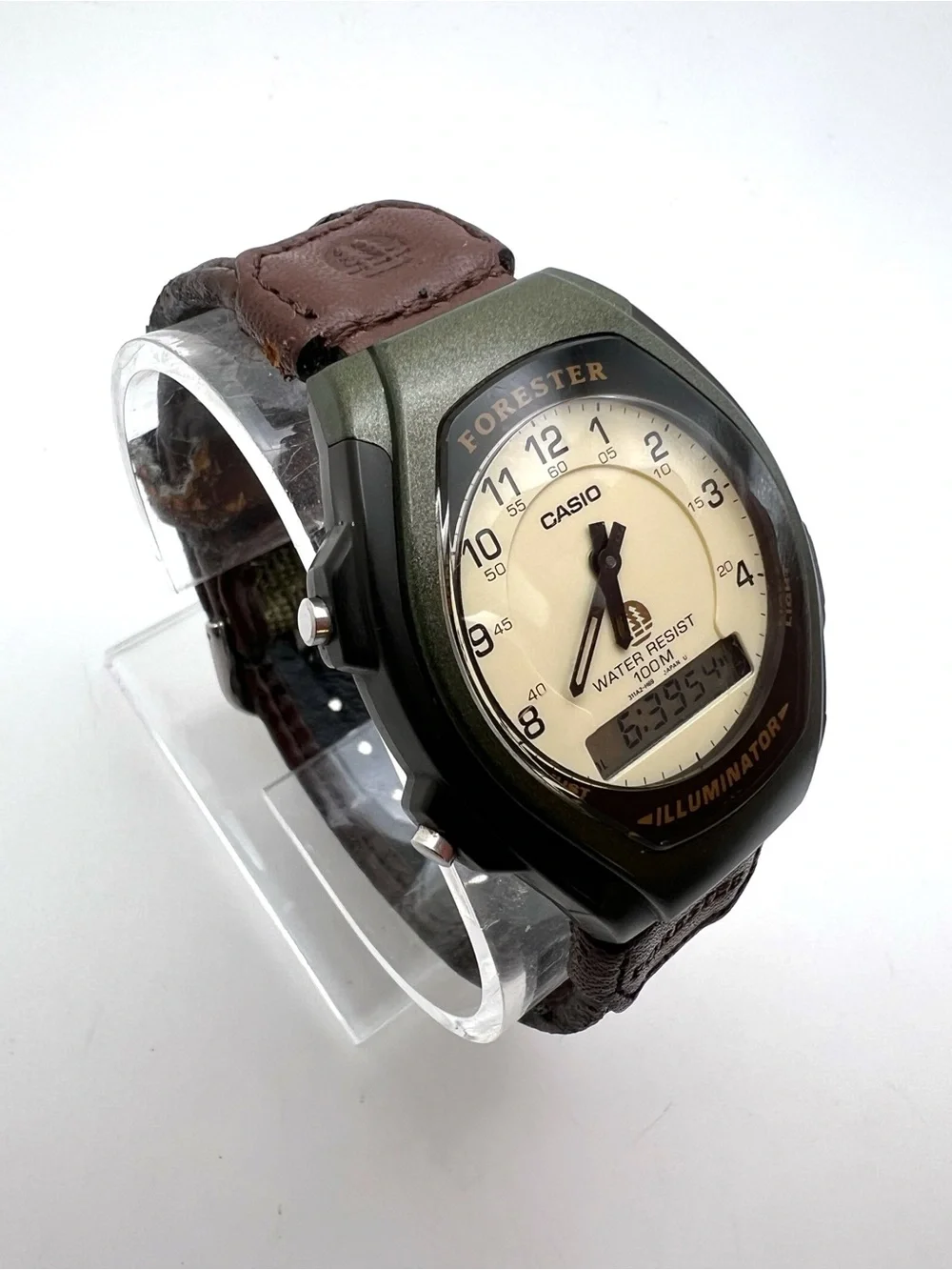 Casio Forester FT-600W Watch — Cream Dial, Olive Case, Brown Strap